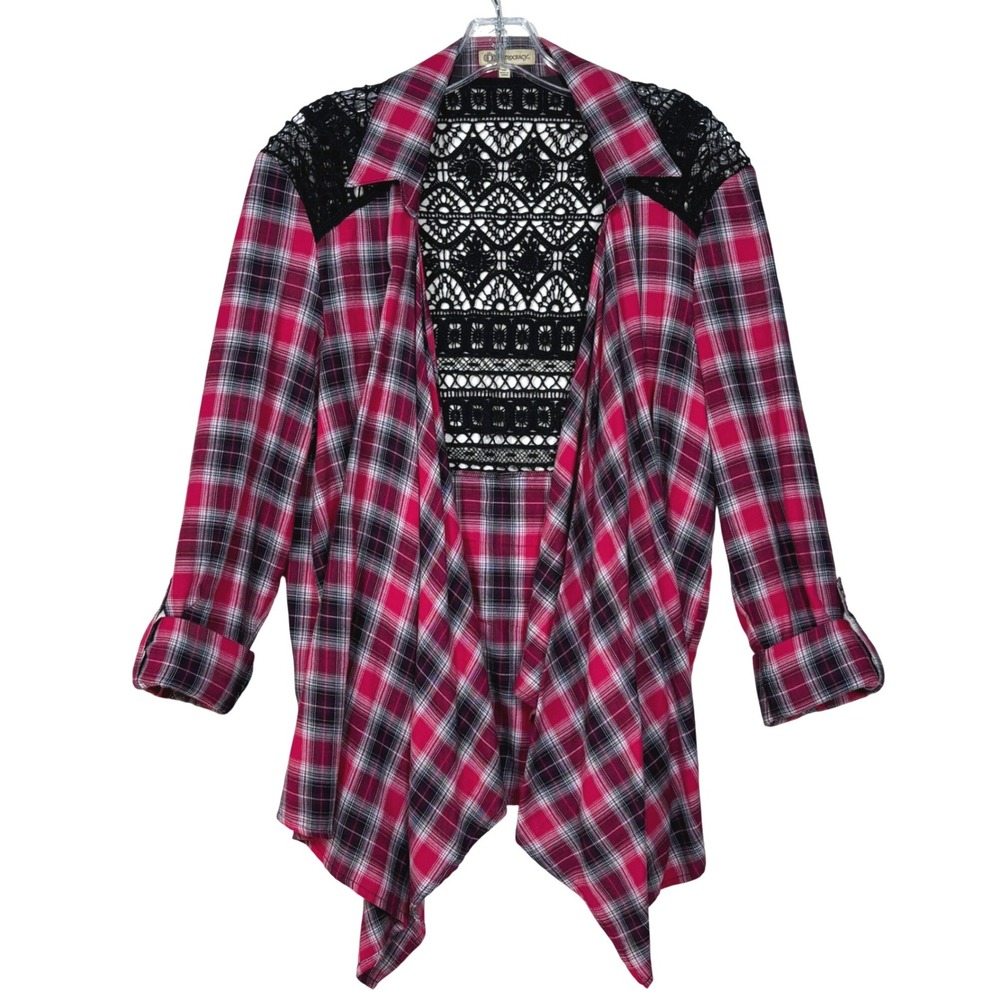 Democracy Women Large Pink Plaid Open Front Cardigan Crochet Back Roll Sleeves
